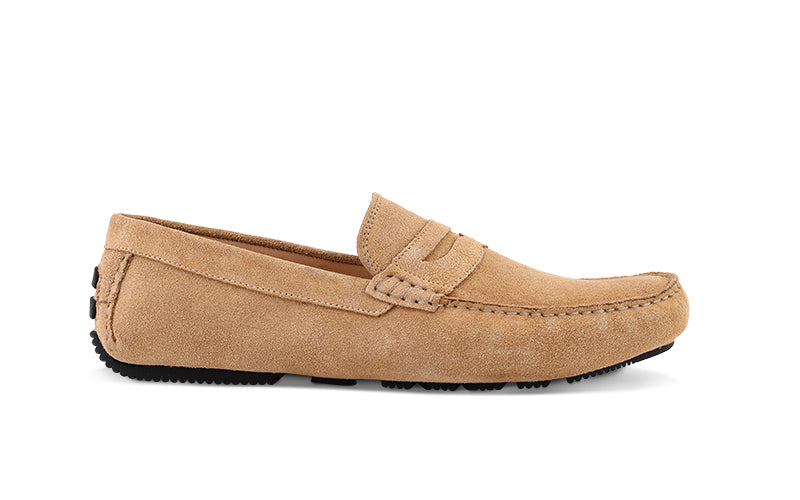 light brown suede driver shoe