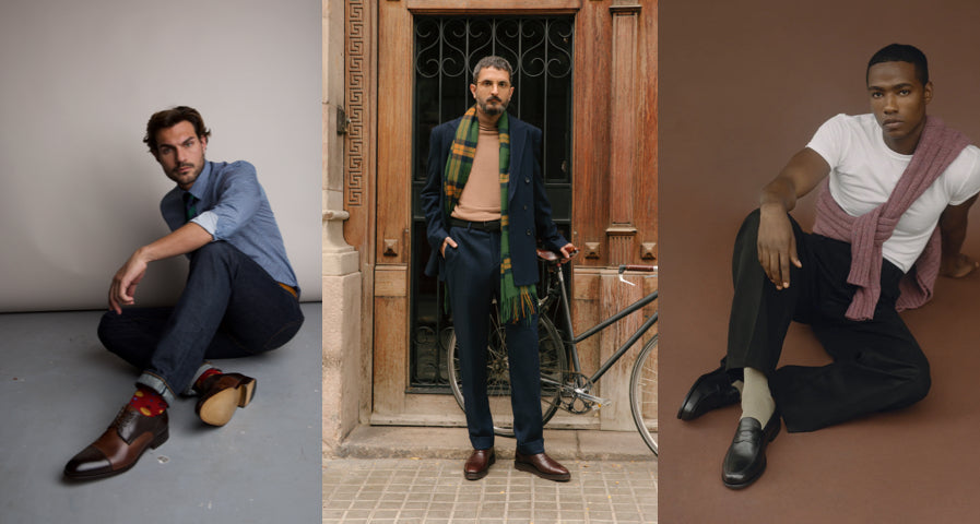 Three men wear dress shoes in stylish outfits across indoor and outdoor settings