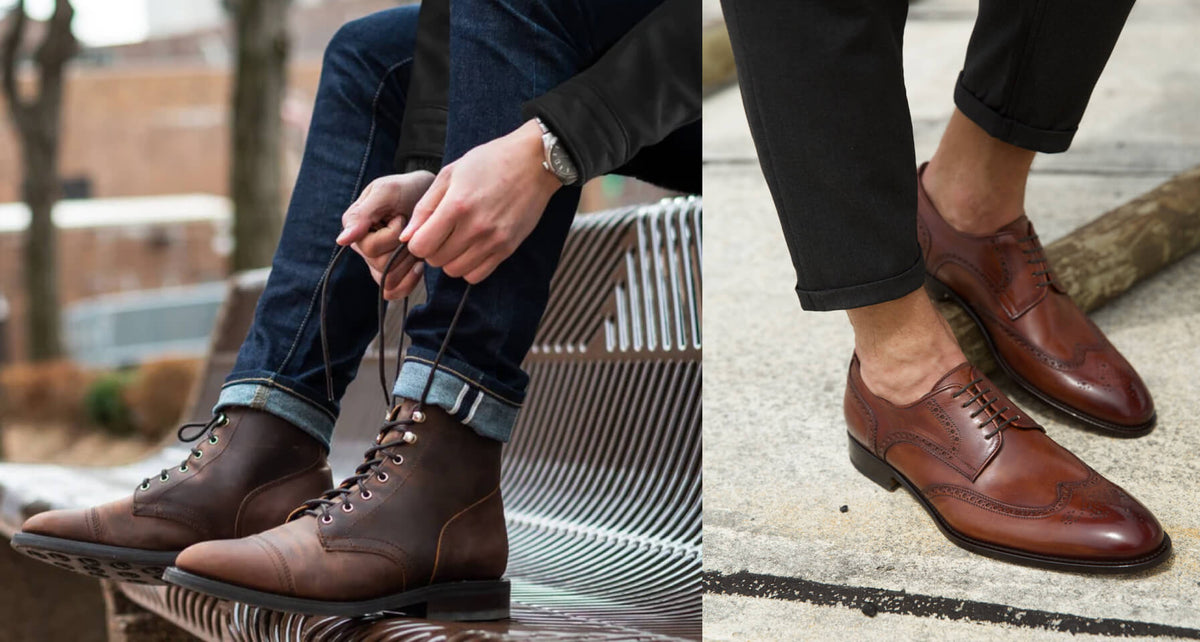 Men wearing brown boots and brown wingtip dress shoes in outdoor settings