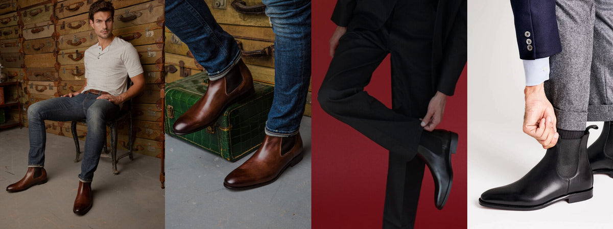 Four Chelsea boot outfits, from casual jeans to formal black trousers and a gray suit