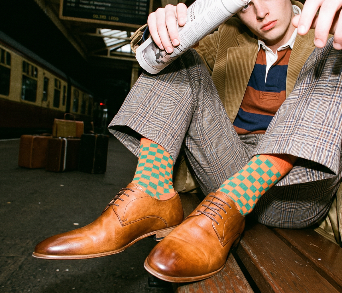 Man sitting in subway station wearing plaid trousers, a khaki corduroy jacket and men's brown Italian leather lace-up dress shoes.