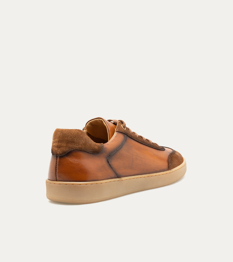 Men's caramel brown Italian leather and suede lace-up sneaker with beige rubber sole
