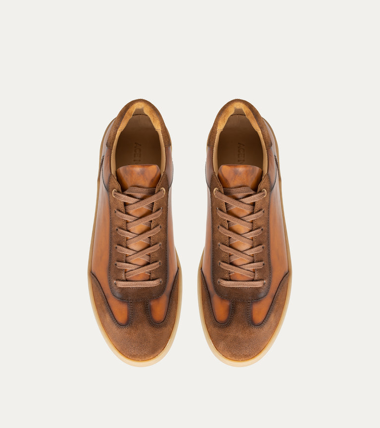 Men's caramel brown Italian leather and suede lace-up sneaker with beige rubber sole