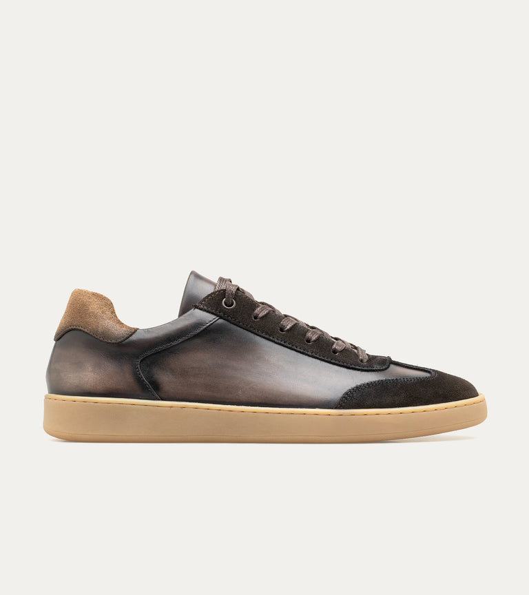 Men's dark brown Italian leather and suede lace-up sneaker with beige rubber sole
