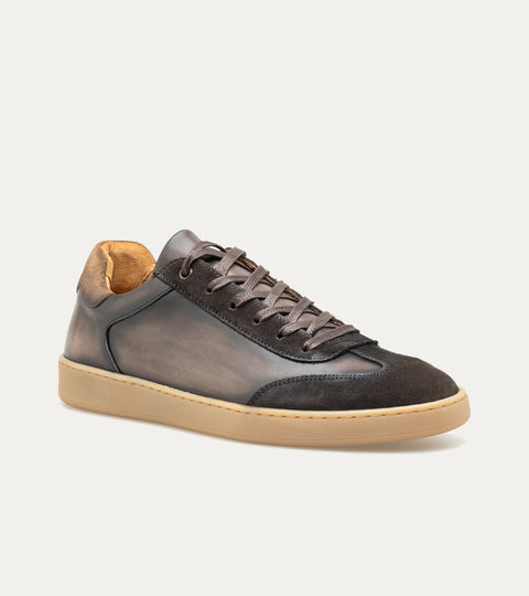 Men's dark brown Italian leather and suede lace-up sneaker with beige rubber sole