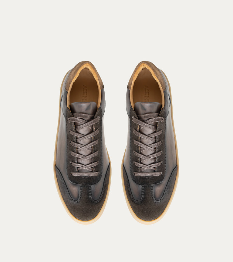 Men's dark brown Italian leather and suede lace-up sneaker with beige rubber sole