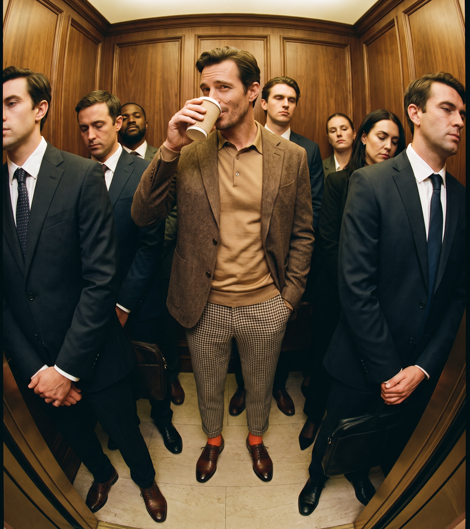 A group of men in business suits standing inside a wood-paneled elevator, with the central figure wearing a brown blazer, tan sweater, patterned trousers, and men's Italian brown leather dress shoes while holding a coffee cup.