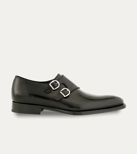 Men's black Italian leather double buckle monk strap dress shoe