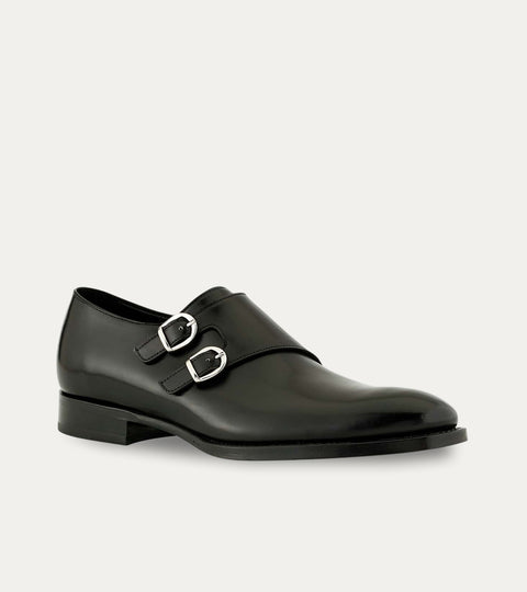Men's black Italian leather double buckle monk strap dress shoe