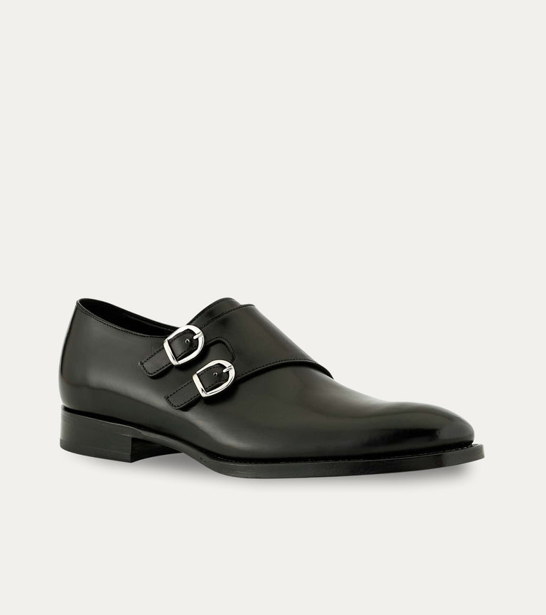 Men's black Italian leather double buckle monk strap dress shoe