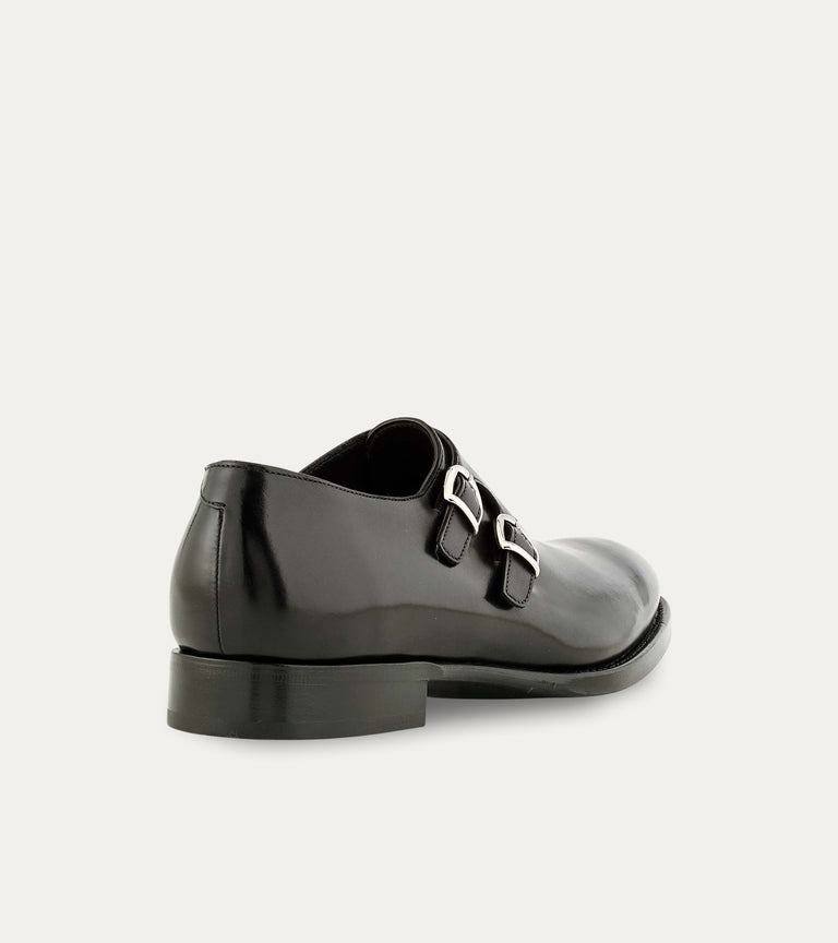 Men's black Italian leather double buckle monk strap dress shoe