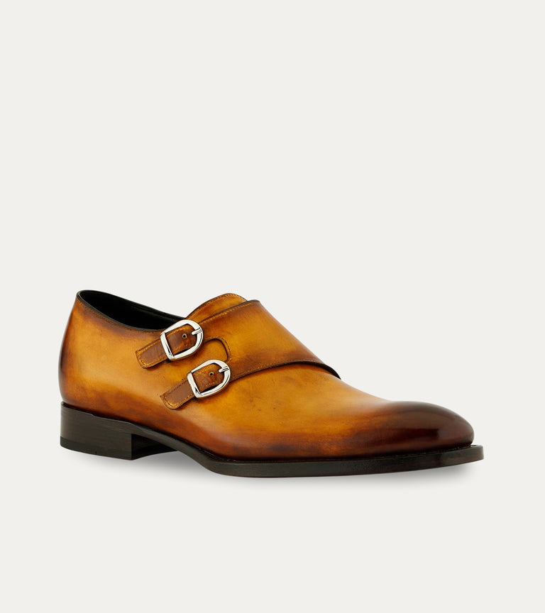 Men's caramel brown Italian leather patina double buckle monk strap dress shoe