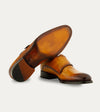 Men's caramel brown Italian leather patina double buckle monk strap dress shoe