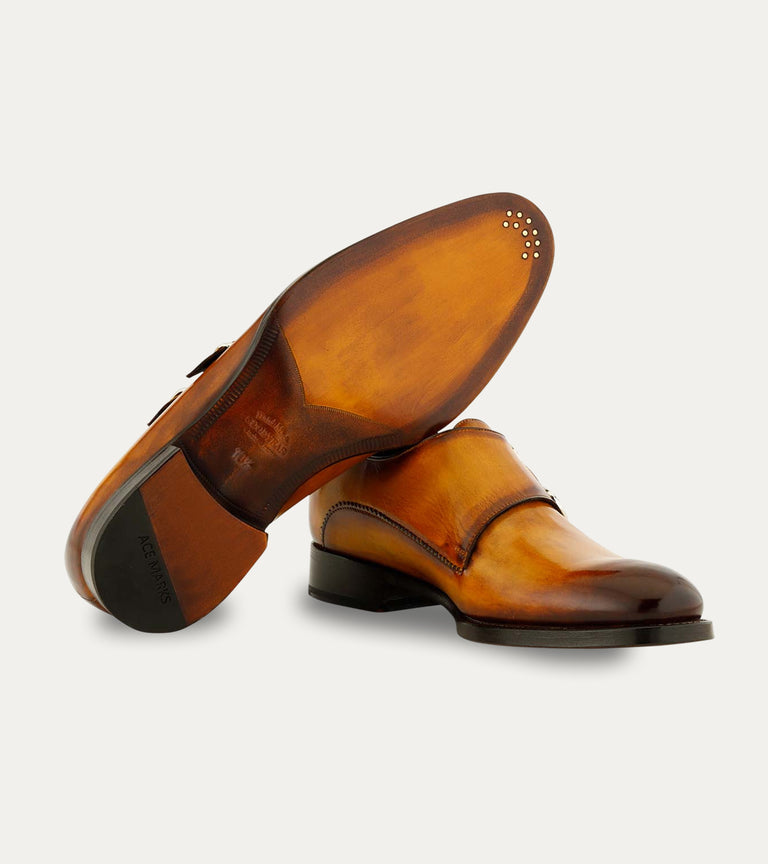 Men's caramel brown Italian leather patina double buckle monk strap dress shoe