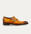 Men's caramel brown Italian leather patina double buckle monk strap dress shoe