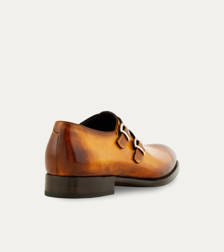 Men's caramel brown Italian leather patina double buckle monk strap dress shoe