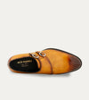 Men's caramel brown Italian leather patina double buckle monk strap dress shoe