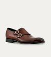 Men's dark brown Italian leather patina double buckle monk strap dress shoe