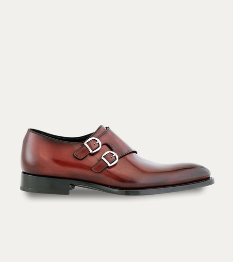 Men's dark brown Italian leather patina double buckle monk strap dress shoe
