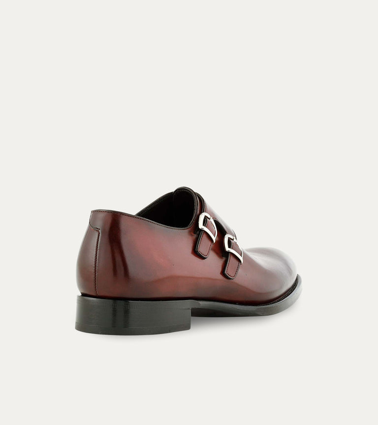 Men's dark brown Italian leather patina double buckle monk strap dress shoe