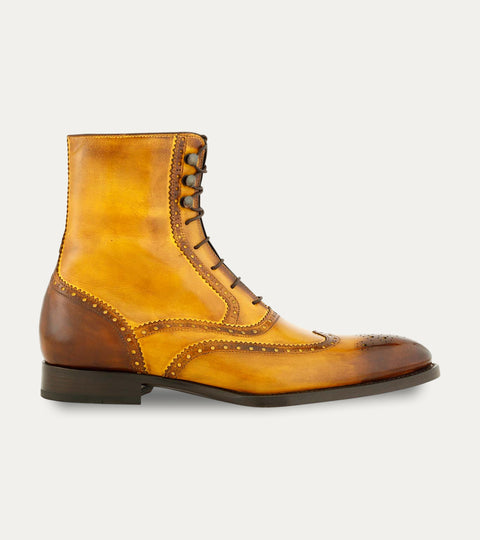 Men's caramel brown Italian leather patina lace-up dress boot