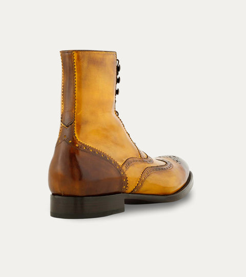 Men's caramel brown Italian leather patina lace-up dress boot