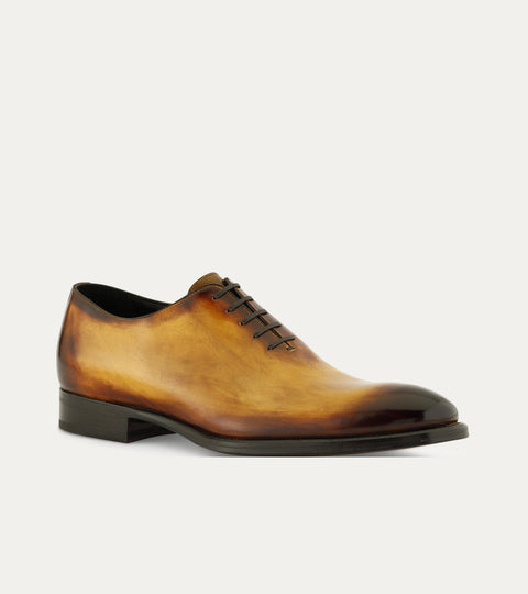 Men's light brown Italian leather patina lace-up wholecut oxford dress shoe