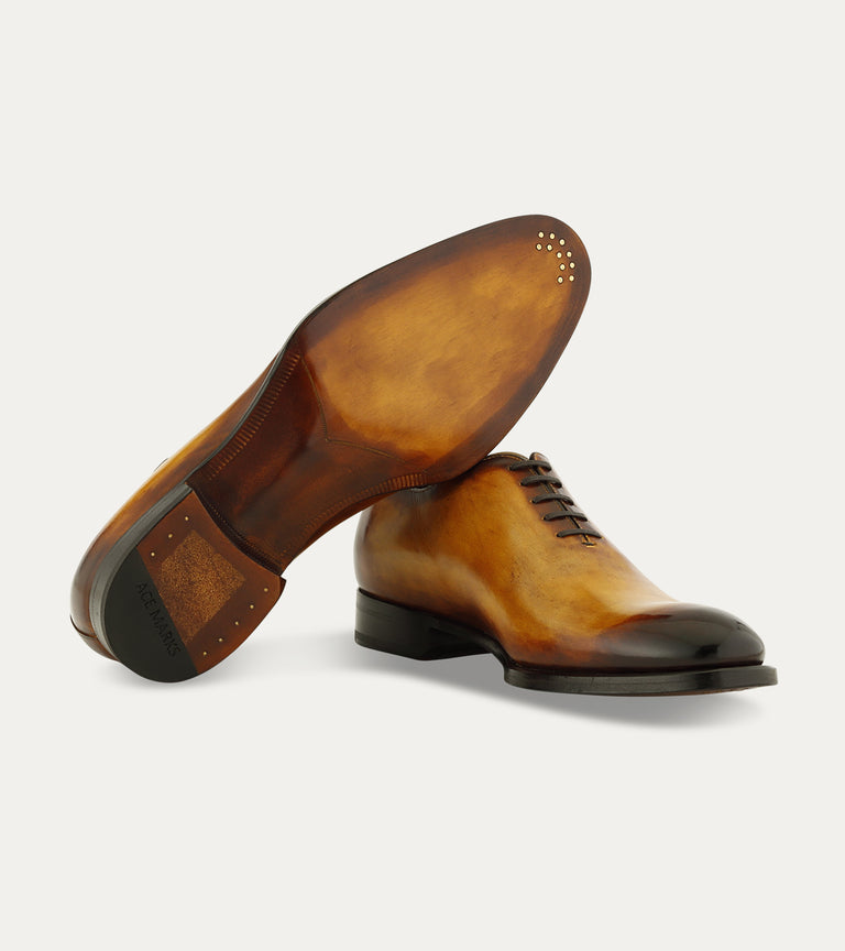 Men's light brown Italian leather patina lace-up wholecut oxford dress shoe