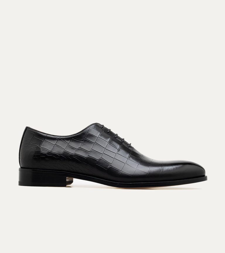Wholecut Oxford Plain Toe Black Croc Antique - Ace Marks