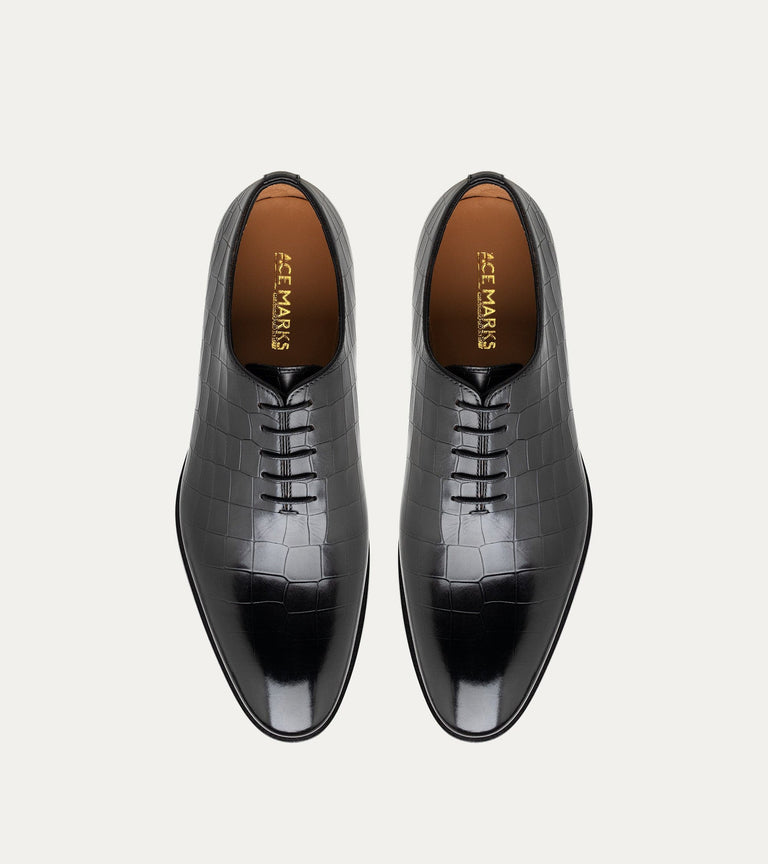 Wholecut Oxford Plain Toe Black Croc Antique - Ace Marks