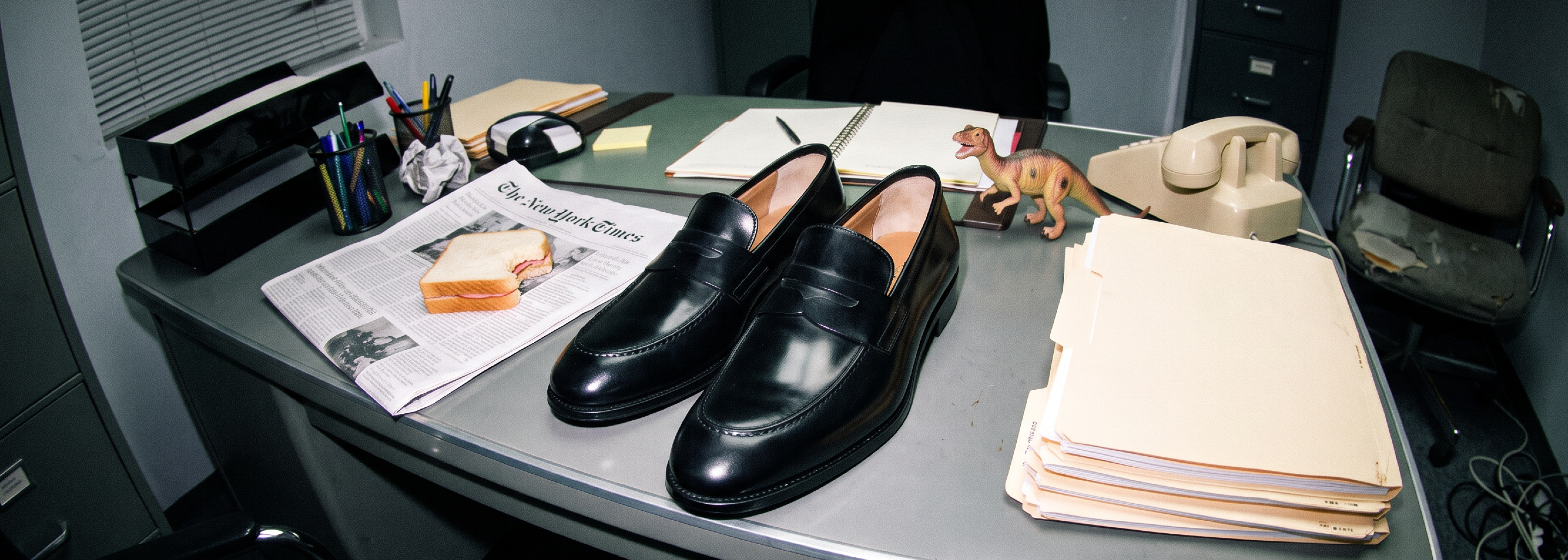 A pair of men's Italian black leather penny loafer dress shoes displayed on a gray office desk surrounded by props like a newspaper, files, and a vintage telephone.