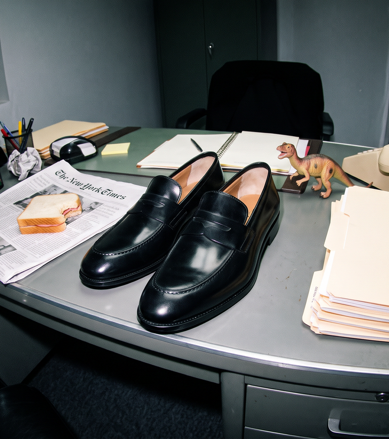 A pair of men's Italian black leather penny loafer dress shoes displayed on a gray office desk surrounded by props like a newspaper, files, and a vintage telephone.