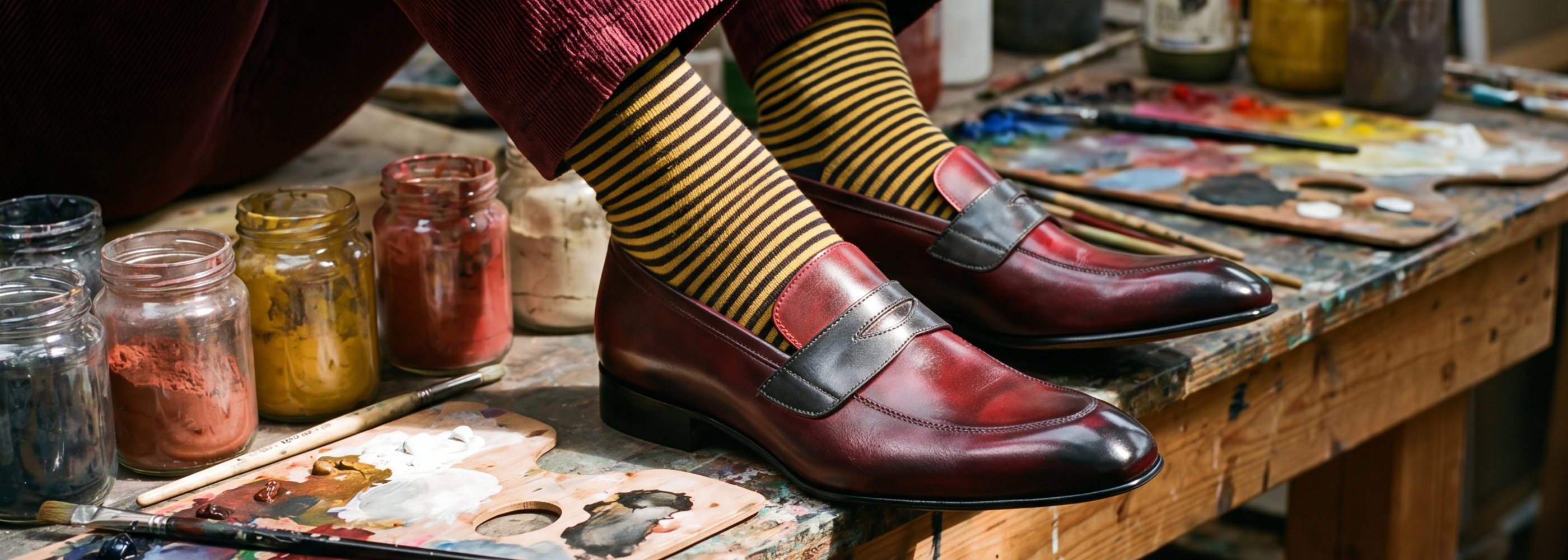 A pair of men's burgundy and dark brown Italian leather polished penny loafer dress shoes, worn with yellow and black striped socks in a creative studio setting with paint jars and brushes.