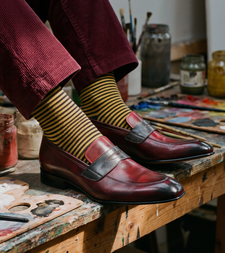 A pair of men's burgundy and dark brown Italian leather polished penny loafer dress shoes, worn with yellow and black striped socks in a creative studio setting with paint jars and brushes.