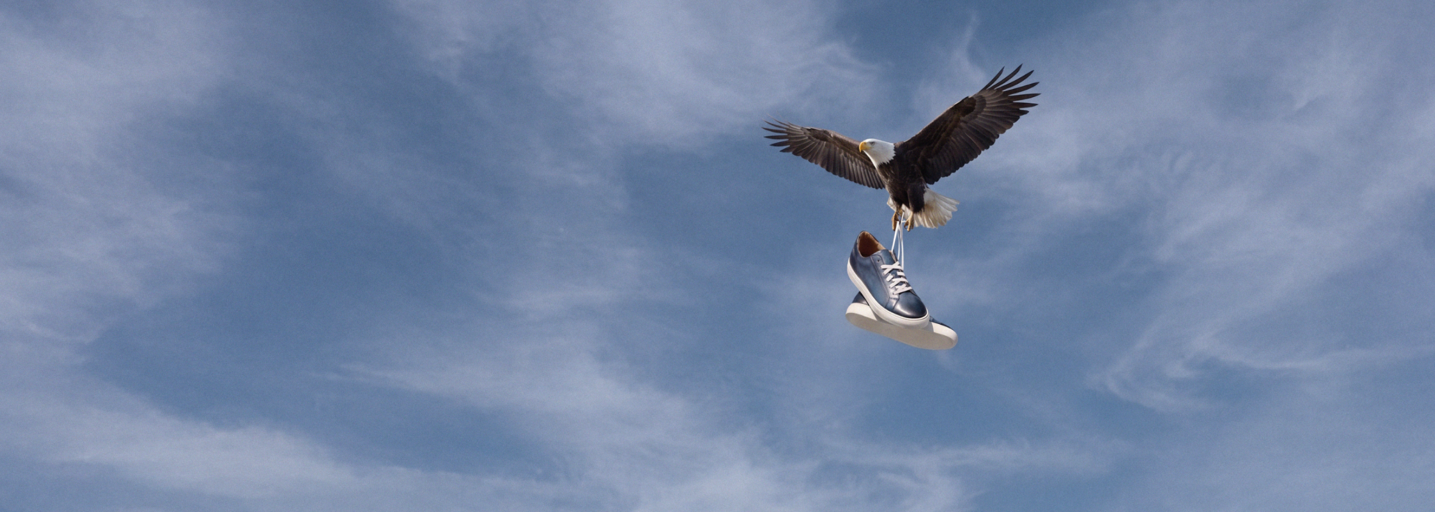 An eagle in flight holds Italian blue leather dress senakers in its talons against a blue sky with wispy clouds.