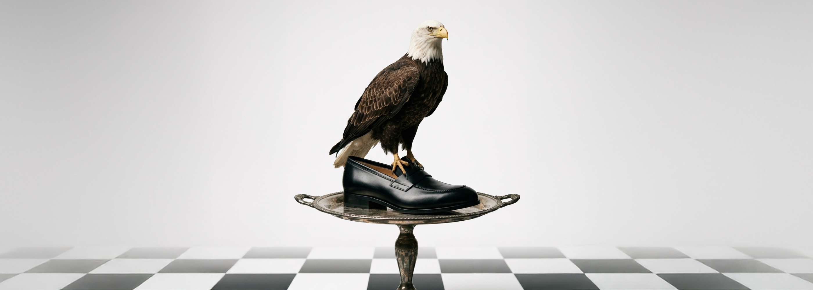 Image of men's black Italian leather penny loafers on a platter with an eagle perched on top