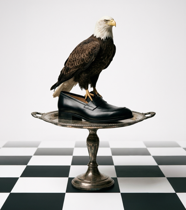 Image of men's black Italian leather penny loafers on a platter with an eagle perched on top