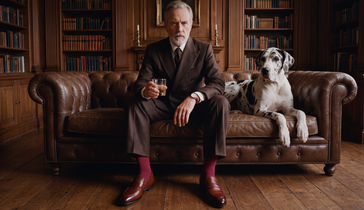 A man wearing men's Italian brown leather penny loafer dress shoes in a brown suit and brown leather Chesterfield sofa, sitting in a library with bookshelves in the background, with a black and white dog on the sofa next to him.