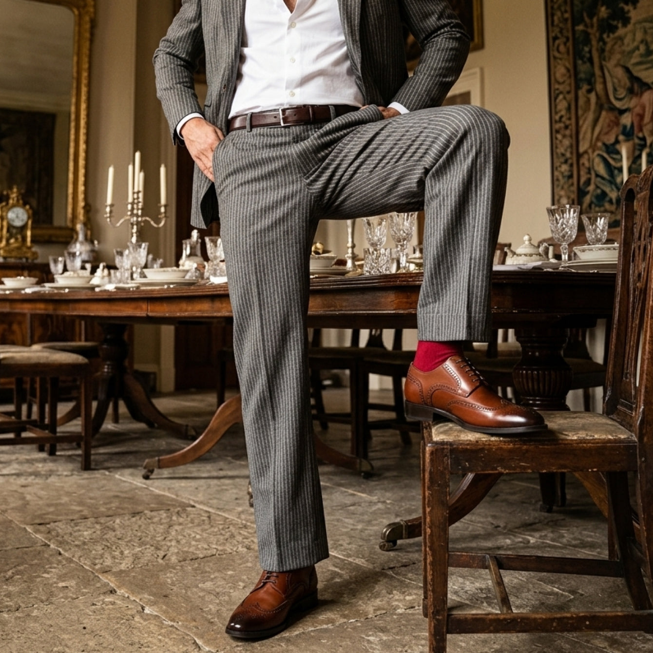 Man standing in dining room at a wedding wearing suit and men's brown Italian leather lace-up wingtip dress shoes