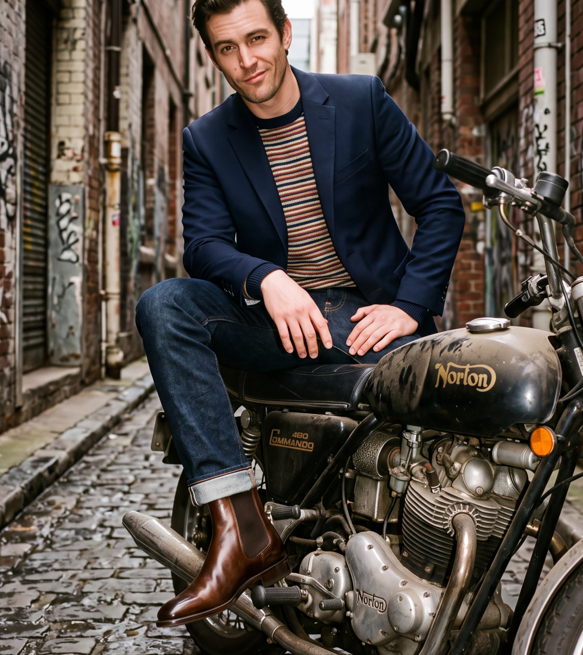 A man wearing a navy blazer, striped t-shirt, and men's brown Italian leather boots sits on a vintage motorcycle in a narrow cobblestone alley.