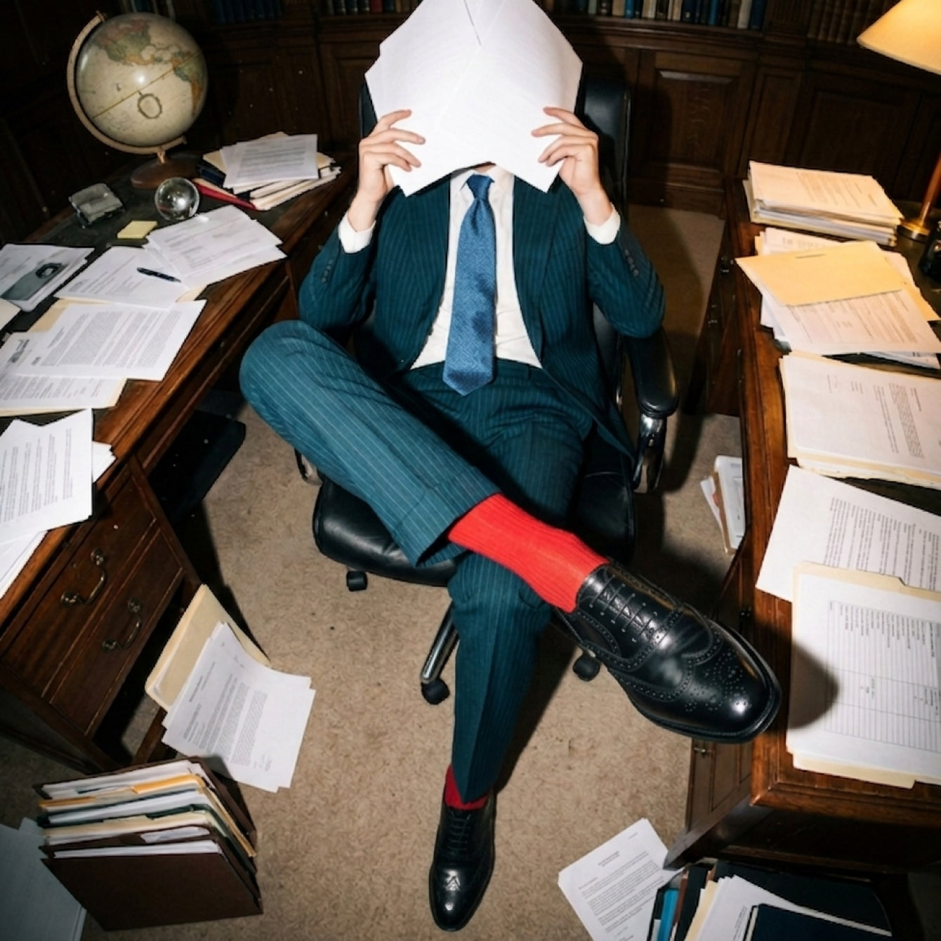 Man sitting in office chair wearing a suit and men's black Italian leather wingtip lace-up dress shoes with red socks