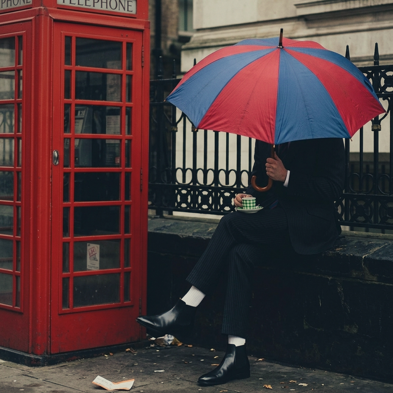 A man in a black suit sits and men's Italian black leather dress boots on stone steps beside a red telephone booth, holding a red and blue umbrella. A black metal fence and a building facade are visible in the background.