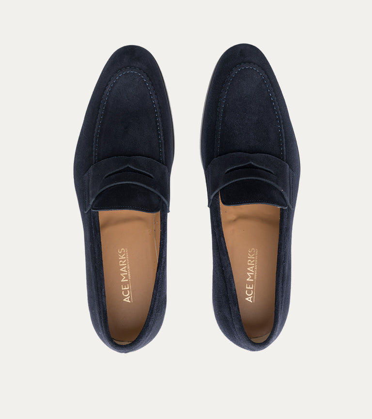 Men's navy blue Italian suede leather penny loafer dress shoes