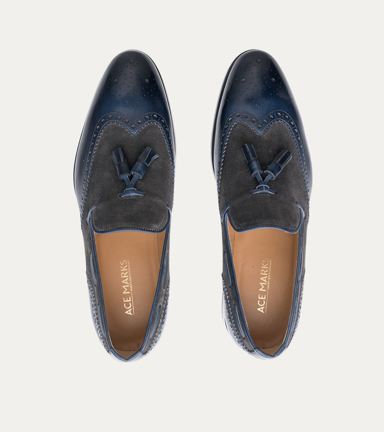 Men's blue Italian leather and grey suede wingtip dress loafer shoe with tassel