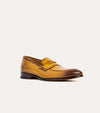 Men's golden brown Italian leather dress shoe penny loafer.