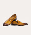 Men's golden brown Italian leather dress shoe penny loafer.