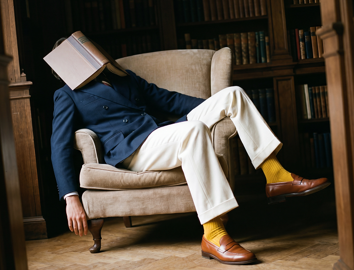 Man sitting on chair wearing men's Italian brown leather penny loafer dress shoes