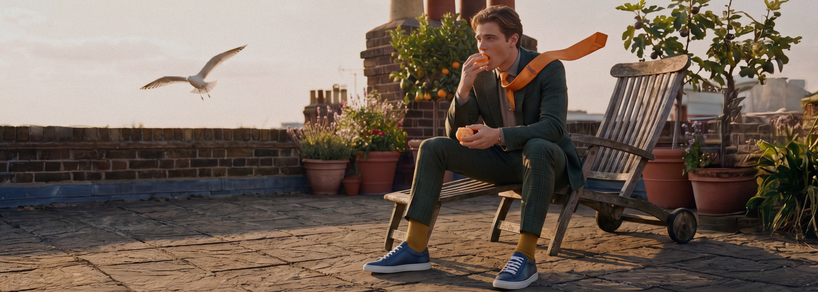 Man sitting on chair wearing men's Italian blue leather lace-up sneakers with white rubber soles
