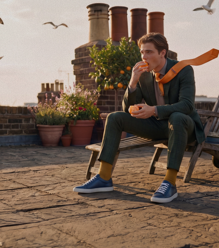 Man sitting on chair wearing men's Italian blue leather lace-up sneakers with white rubber soles