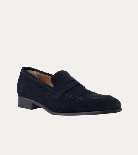 Men's navy blue Italian suede leather penny loafer dress shoes